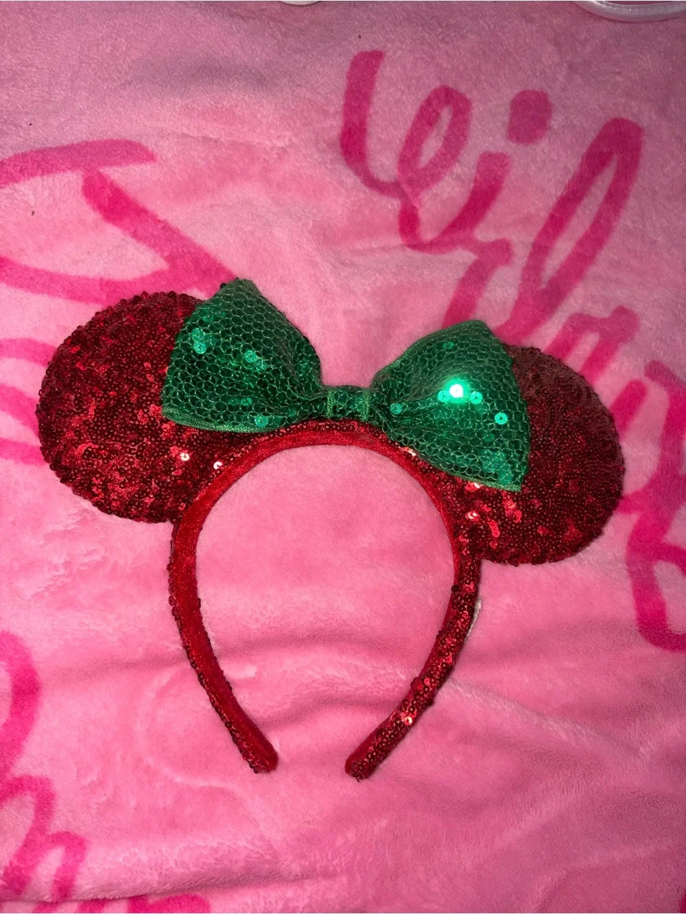 Disney Red Sequin Minnie Ears Headband with Green Sequin Bow